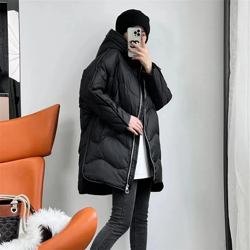 New Winter 2022 Down Jacket Women's Medium Length Thick and Loose With Hooded Korean Version of Warm Women's Coat Solid Color X4