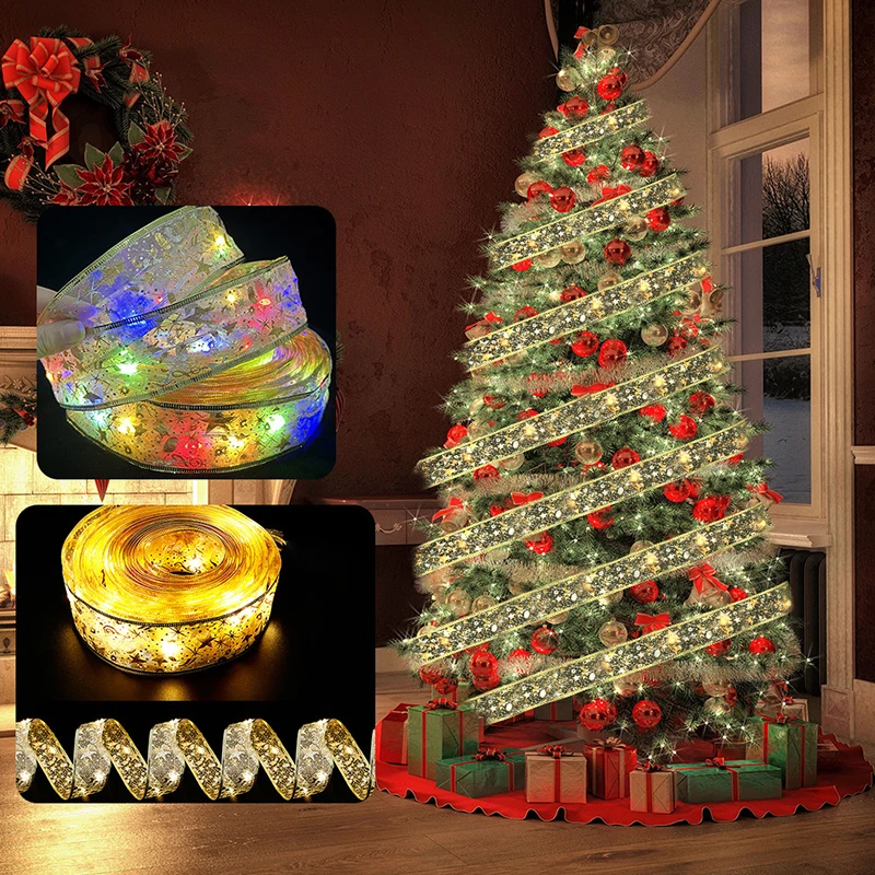 

Christmas Decorations LED Ribbon Fairy Lights Christmas Tree Ornaments for Home 2022 DIY Bows Light String Navidad New Year 2023