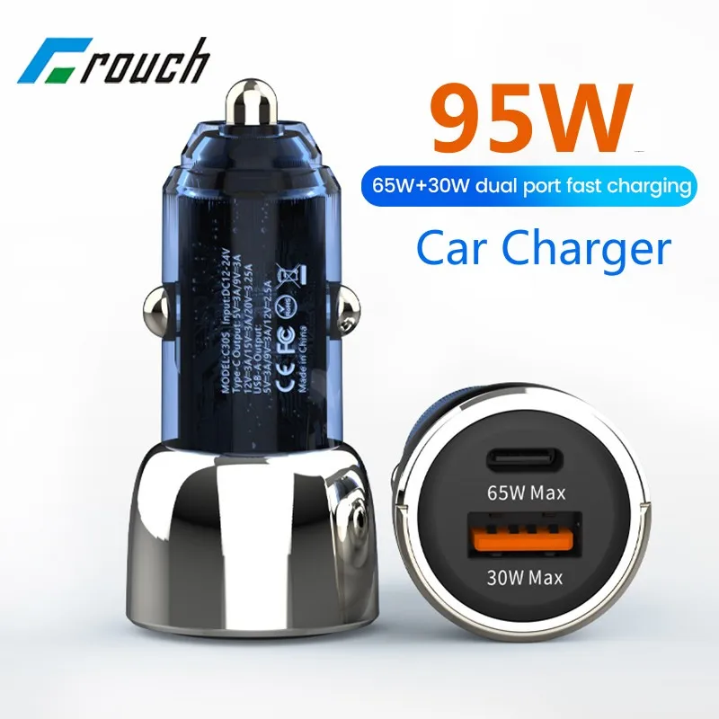 

95W Car Charger With Pull Ring Dual Ports Super Fast Charger QC3.0 PD USB C Car Phone Charger For iphone Xiaomi Huawei Samsung