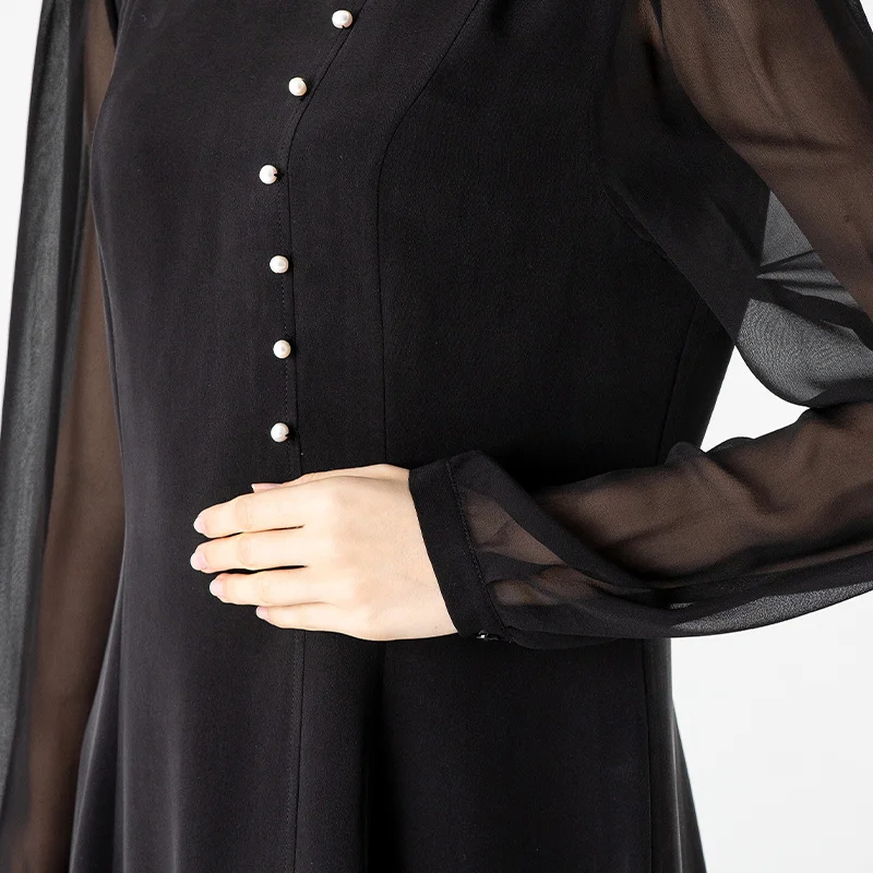 30 Momme Heavyweight Silk Square Collar Shirt Long Sleeves New In Dresses High Quality Office Ladies Black Long Dress AE1908