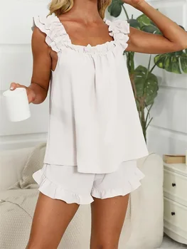 Women's Summer Lounge Set Ruffle Off-Shoulder Crop Top Elastic Waist Shorts Pajama Set with Bow Detail 4