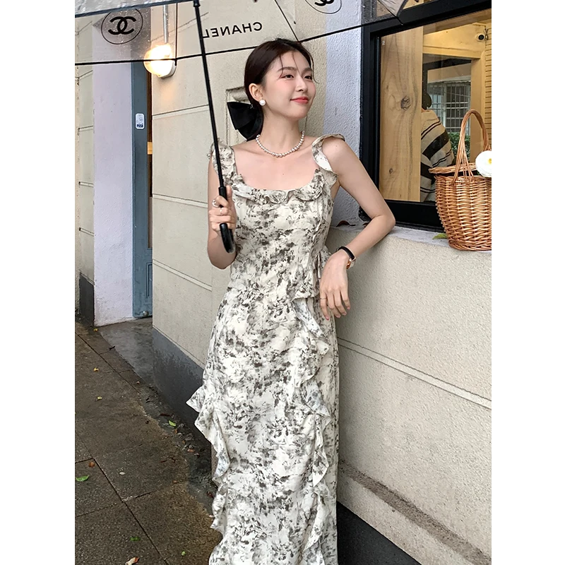 

Coigarsam Women One Piece Korean Dress Summer 2024 New Chiffon Floral Print Tie Dye Spaghetti Strap Square Collar Dresses