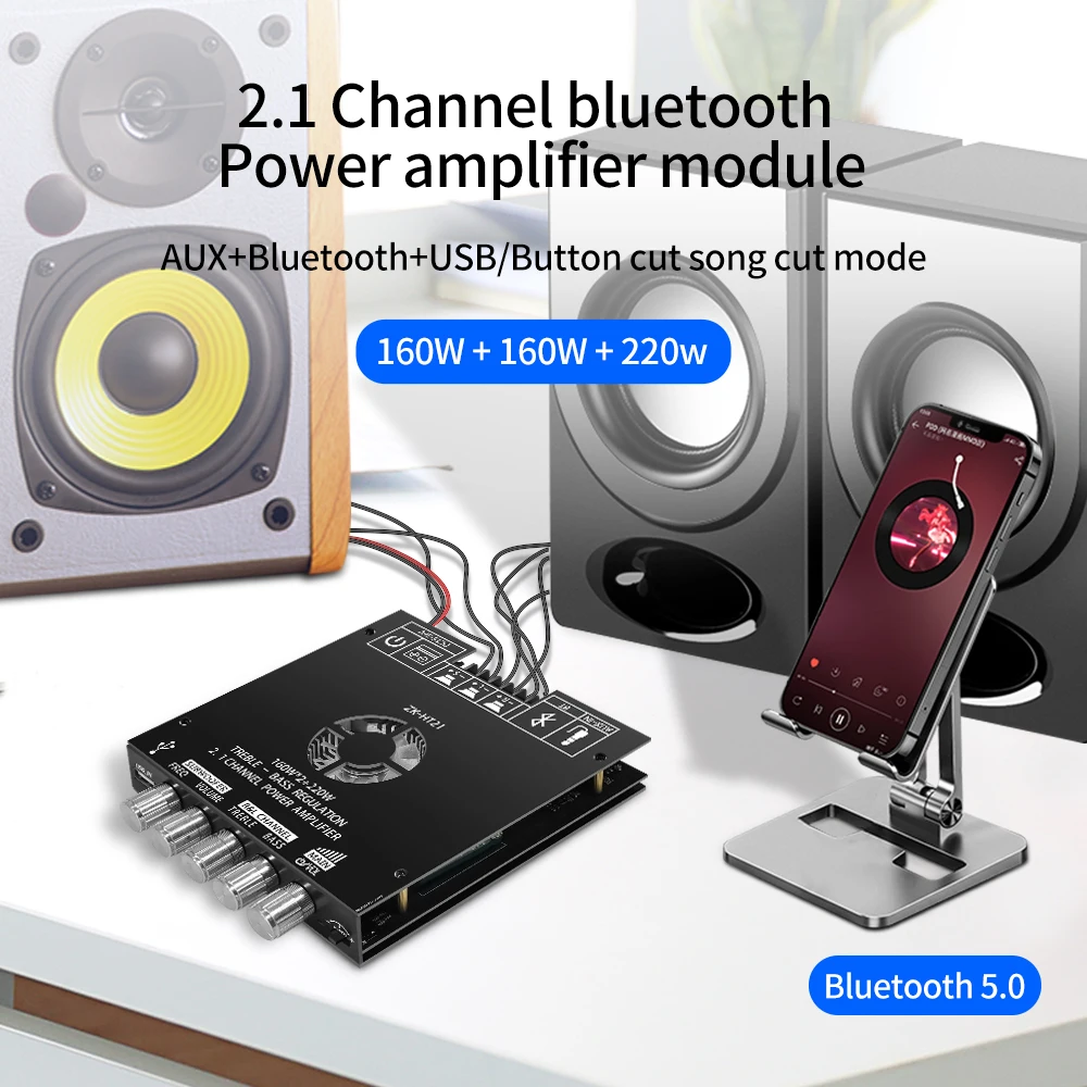 Audio Amplifier Board Bluetooth Digital Power Amplifier Board Module TDA7498E 160W+160W+220W High and Low Tone Subwoofer Amplifier AUX/USB ZK-HT21