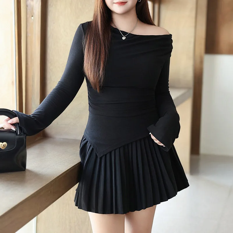 Swing Collar Fold Long Sleeve T-Shirt Plus Size Women Tees Minimalist Slim Sexy Off Shoulder Premium Top Autumn 2025