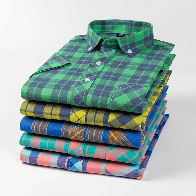 Fashion Korean Popular Clothes 100%cotton Short Sleeve Shirts for Men Slim Fit Casual Plain Shirt Thin Plaid Hawaiian Soft Tops 2