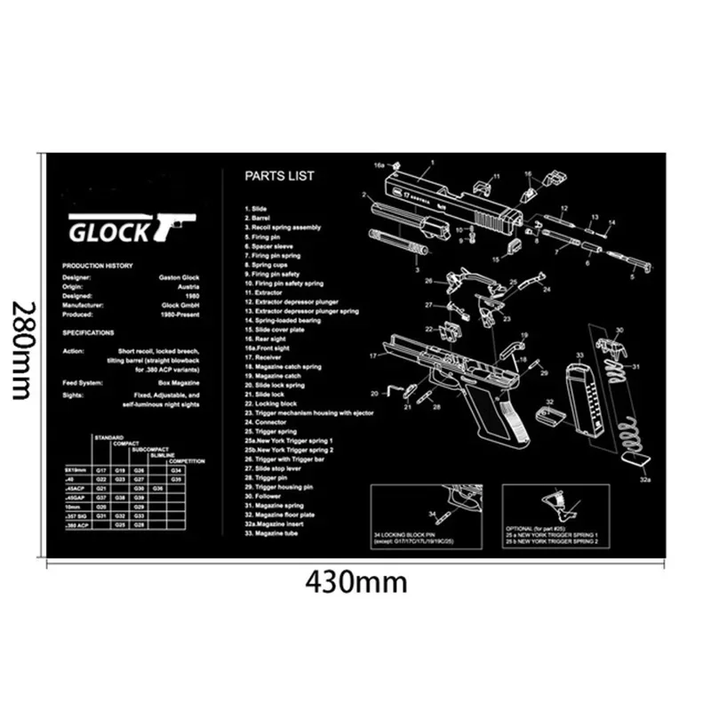 280x430mm Gun Cleaning Rubber Mat With Parts Diagram Instructions Mouse Pad For 1911 Glock HK USP M92 P220 226 2