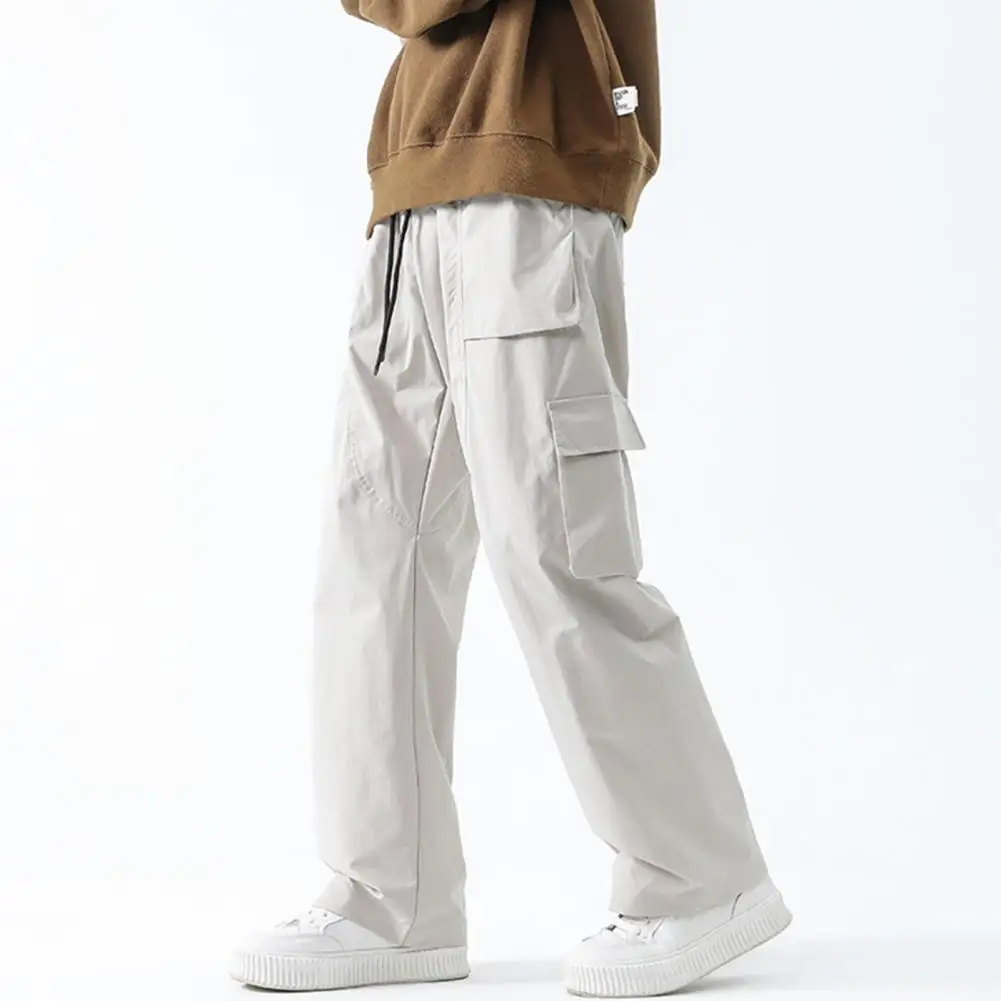 

Men Cargo Pants Men's Elastic Drawstring Cargo Pants with Pockets Solid Color Straight Leg Trousers for Streetwear Style Solid