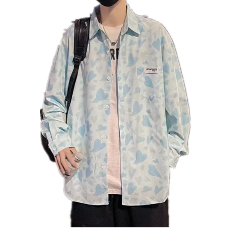 Spring/Summer Long Sleeve Thin Shirt Fashion Trend Heart Shaped Couple Shirt Hong Kong Style Loose Fitting Men's Clothing C0014