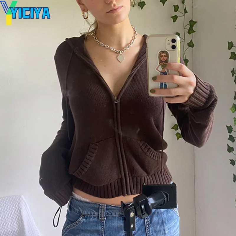 

YICIYA куртки для женщин Y2k повседневные однотонные трикотажные пальто свитера с длинным рукавом верхняя одежда осень зима уличная одежда толстовка женские топы