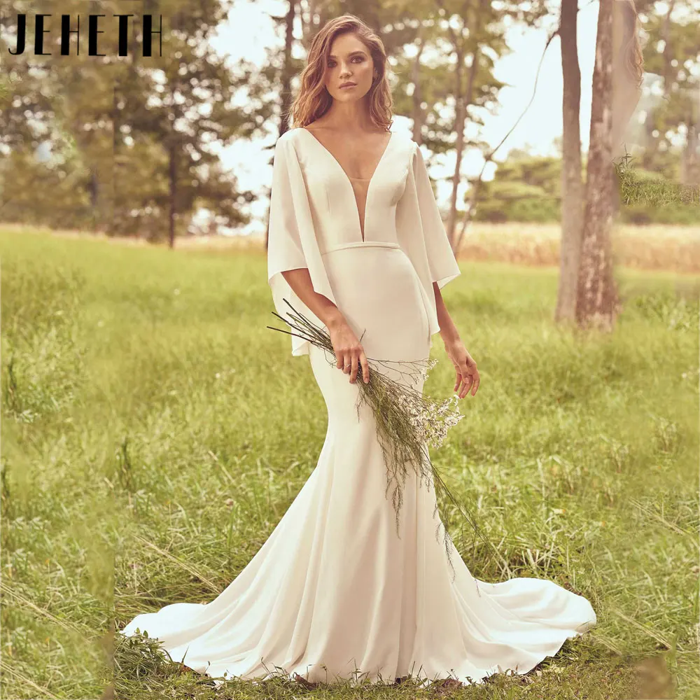 

JEHETH Mermaid Batwing Sleeves Wedding Gowns Sexy Deep V-Neck Backless Bridal Dress Back Buttons vestido de noiva casamento 2024