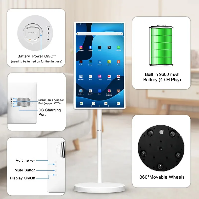 32인치 안드로이드 15 스마트 TV, 6G+128G 플로어 스탠드 태블릿 리모컨 포함, 2K 카메라 영상 통화, 내장 148W 배터리