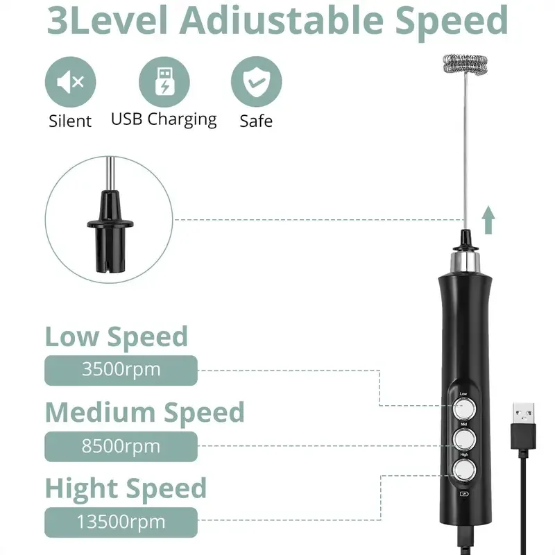 Batedor de leite elétrico recarregável sem fio - 3 velocidades, fabricante de espuma portátil para café com leite, cappuccino, chocolate quente - carregamento USB