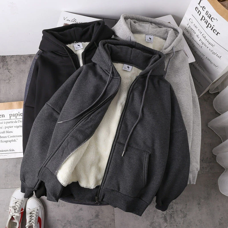 Women Warm Jacket Solid Hoodies Coat Autumn Winter Lamb Wool Fleece Loose Oversizes Thick Zipper Female Sweatshirt Grey Black