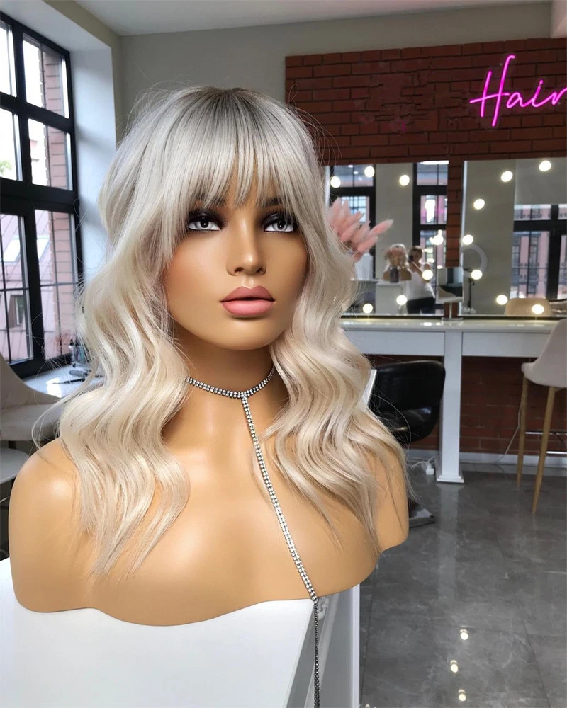 Synthetic Lace Front Wig For Women Ombre Blonde Short Wavy With Bangs Pre Plucked Heat Resistant Glueless