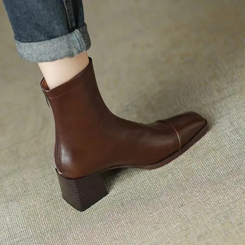 Square Toe Women Ankle Boots Flock Stretch Shoes Thin Mid Heels Black/Brown/Beige Back Zipper Dress Sock Boots Woman Size 34-40