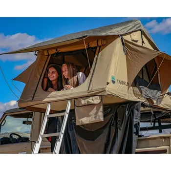 3 Person Roof Top Tent, Marine Grade 600D Rip-Stop Polyester Water Proof, with Rain Fly Tan Base, Easy To Install Truck Tent 1