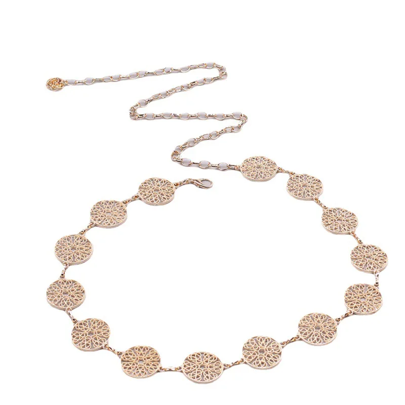 

Новинка лета 2022, женские ремни с металлической цепочкой 59 дюймов, модные декоративные круглые ажурные аксессуары, женские ремни на талию для брюк, платьев