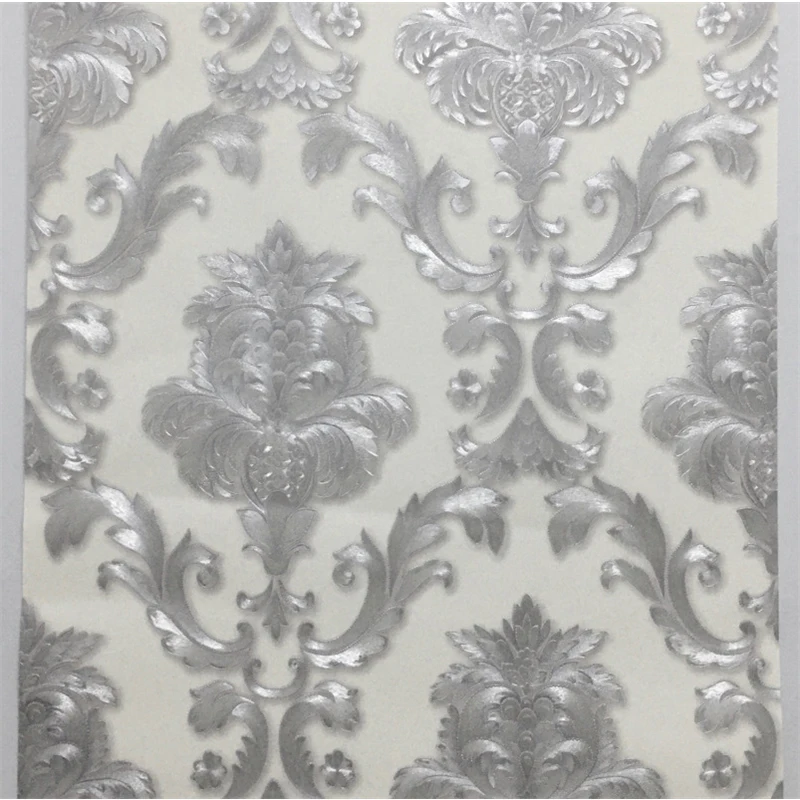 Thickened PVC European-style Carved Embossed Wall Stickers Silver White Damascus Wallpaper Bedroom Living Room Home Decoration