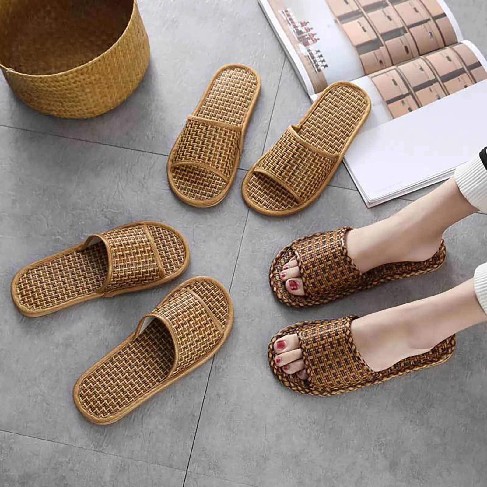 Linen Beach Slippers Men Large Size Home Shoes Flip Flops Man Indoor Bathroom Slides Unisex Family Slippers Beach Sandals soft sole slippers