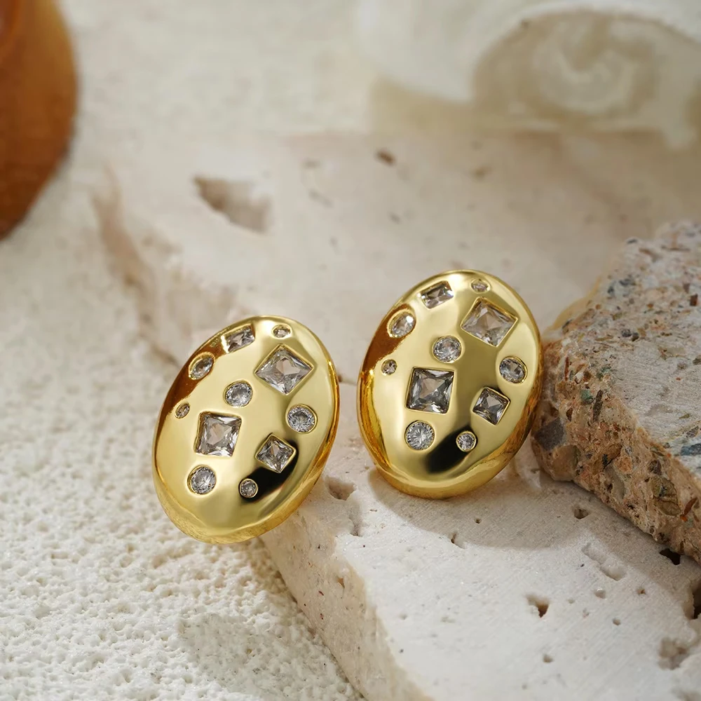Vintage Stainless Steel Oval Stud Earrings Inlaid Geometric Sparkling Zircon Ear Studs Waterproof 18K Gold Plated Trend Jewelry