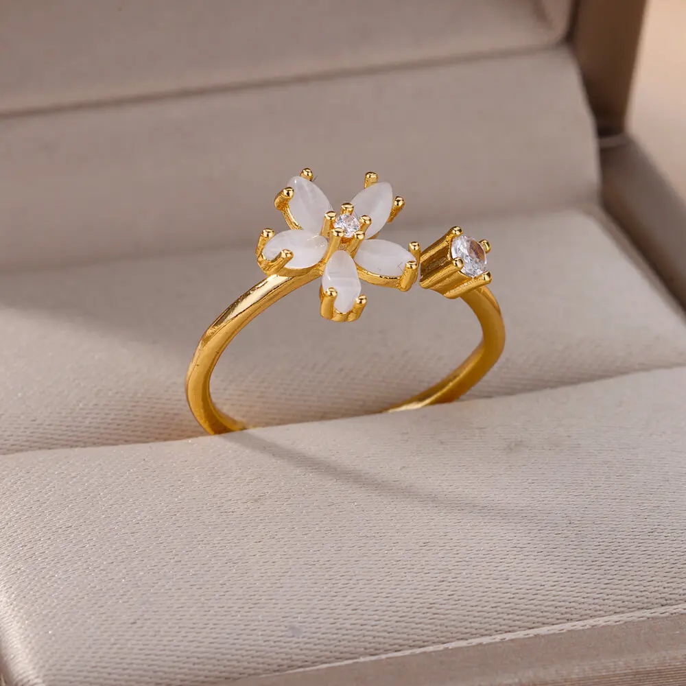 Opal Zirconia Stainless Steel Flower Wedding Ring