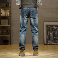 Pantalones vaqueros de estilo italiano a la moda para hombre, pantalones vaqueros rasgados ajustados elásticos de Retro Azul, pantalones vaqueros informales de diseñador Vintage para hombre 4