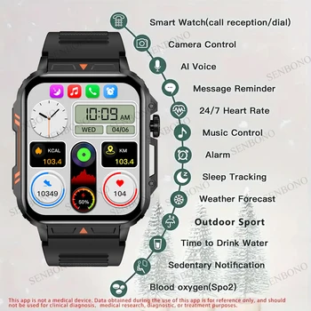 SENBONO Military Men Smart Watch Bluetooth Call 24/7 Heart Rate Monitor IP68 Waterproof 100+ Sport Mode Smartwatch for Men Women 2