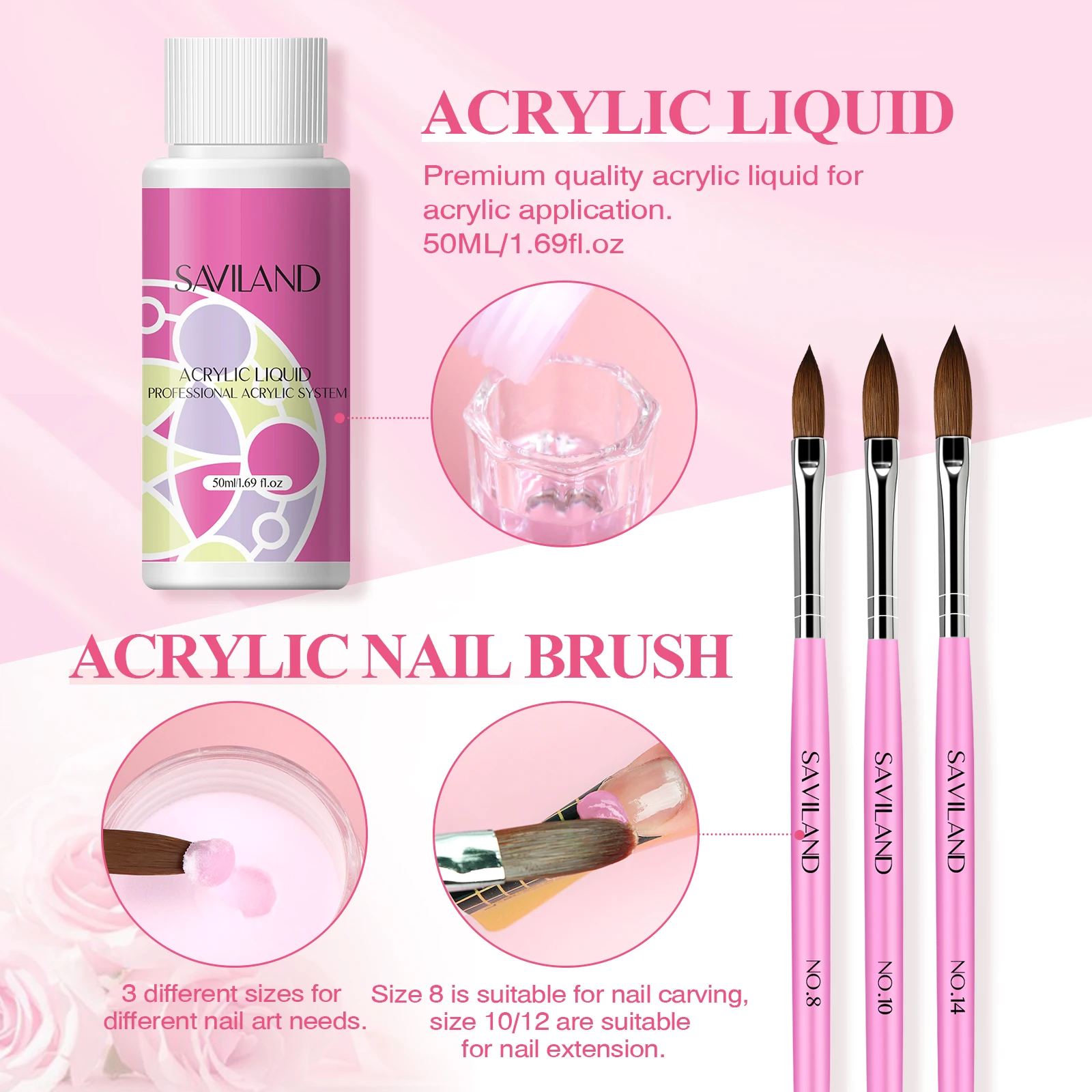 Saviland Nail Acrylic Powder and Liquid Monomer Set Acrylic Nail Kit Nails Extension Dipping Powder Carving Tools