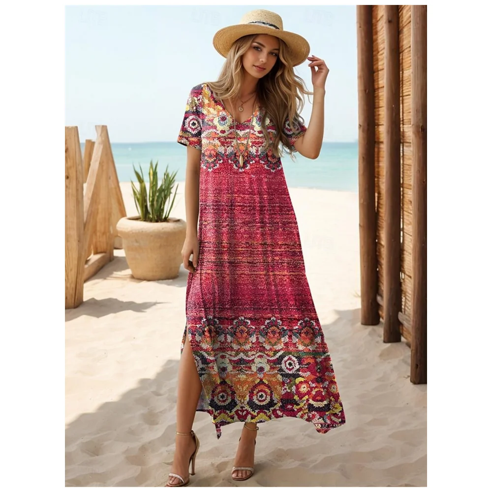 thumbnail image 1 of Vestidos para mujer, moda, cuello en V, vestido largo diario, manga corta, falda de mujer, estilo bohemio, vestidos con abertura, ropa de verano para mujer, 1 of 2
