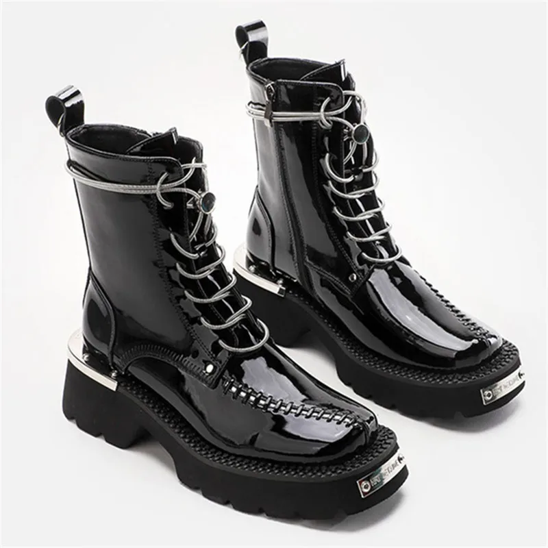 

Fashion Retro Square Toe Women Mid-calf Motorcycle Boots Platform Botas Lace-up Short Boots Metal Decor Casual High Top Men Shoe