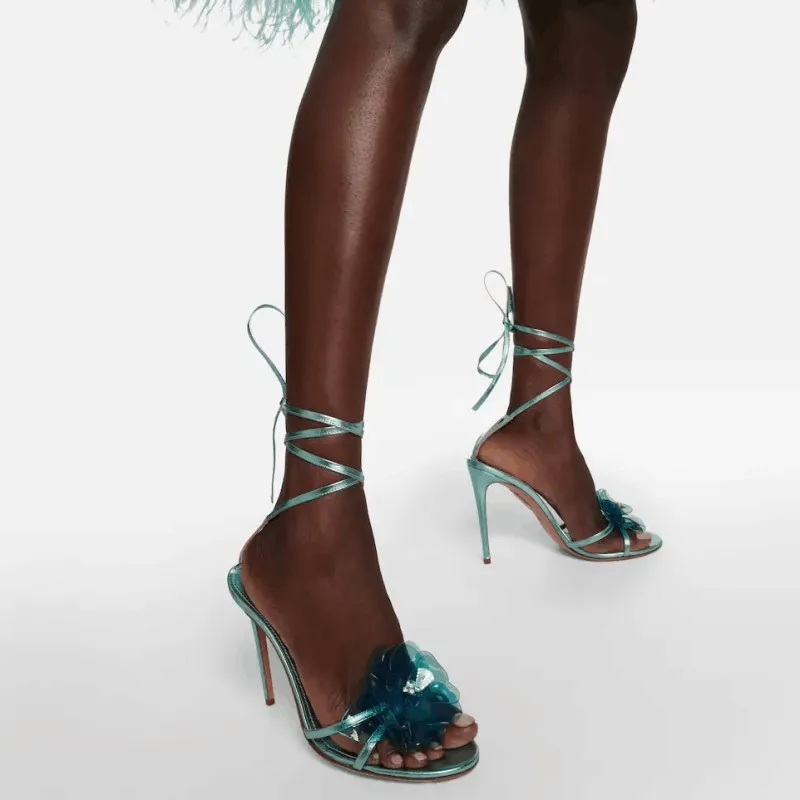 

Round Peep Toe Flower Crystal Embellished High Heels Ankle Strap Sandals Women Lace-up Cut-outs Banquet Party Shoes For Ladies
