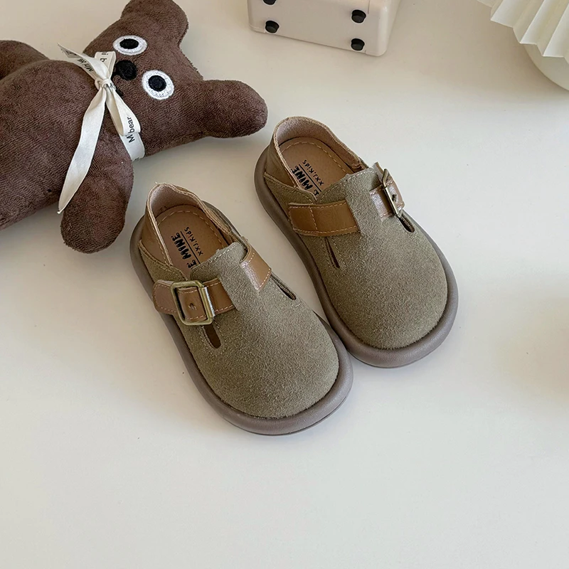 Kids Leather Shoes Boys Casual Girls Loafers Fashion Buckle Round-toe Britain Style Breatheable
