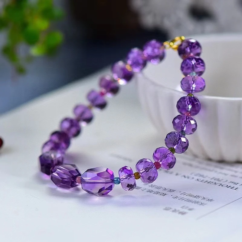 

Natural Purple Amethyst Quartz Clear Faceted Beads Bracelet 8.5mm Gemstone Wealthy Amethyst Fashion Stone AAAAAA