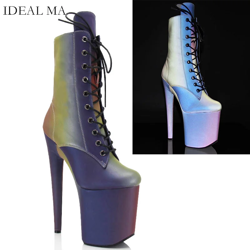 Ideale Ma New Night Materiale Riflettente Stivaletti Con Tacco Alto 20Cm 8 Pollici Pole Dance Boots Club Performance Boots