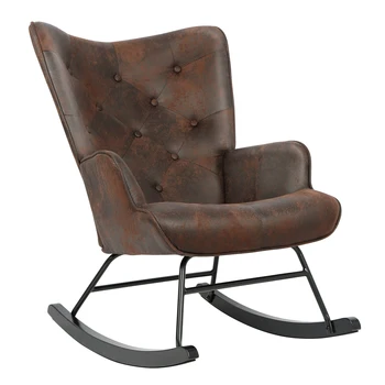 Rocker Glider Chair Modern Rocking Chair with Wooden Base High Backrest and Armrests Padded Seat Comfy Upholstered Chair 1