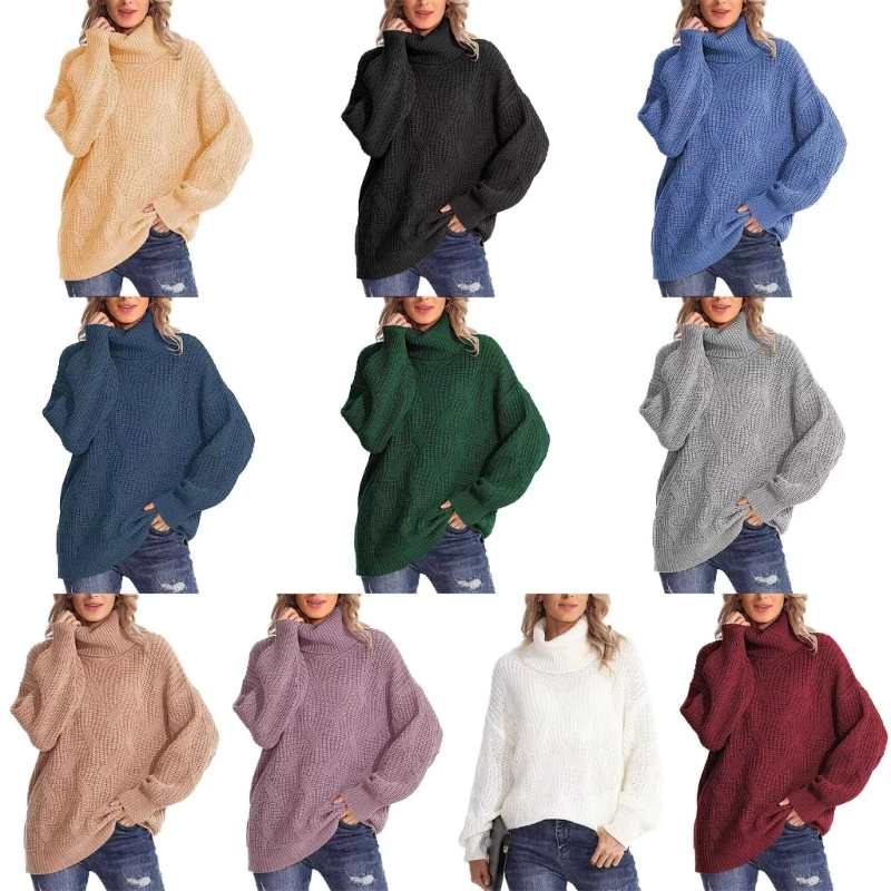 

50JB Womens Turtleneck Twist Cable Knit Fall Sweaters Trendy Warm Solid Color Batwing Sleeve Oversized Pullover Jumpers Tops