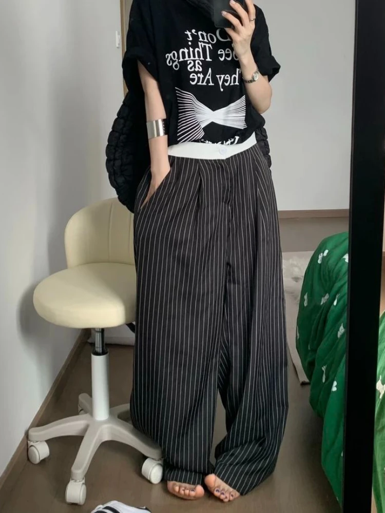ADAgirl Black Stripe Tailored Trousers Women Y2k Korean Style Fashion Baggy Wide Leg Suit Pants Summer Harajuku Office Slacks