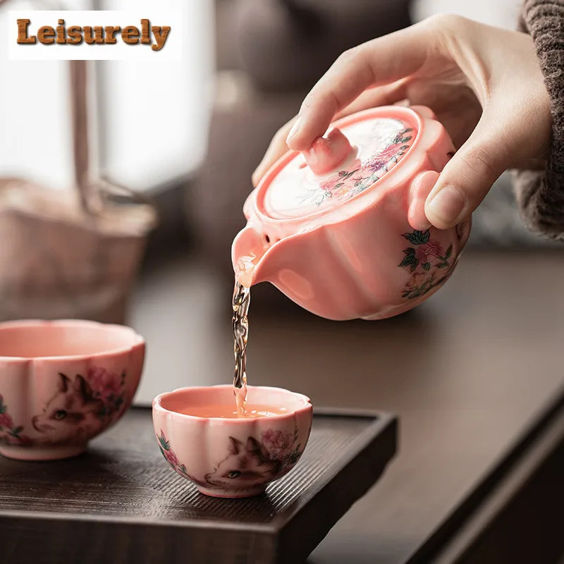 Red Powder Lard Jelly Travel Tea Set Kit Japanese 1 Pot 2 Cups Household Tea Brewing Organizer Portable Camping Handbag Supplies
