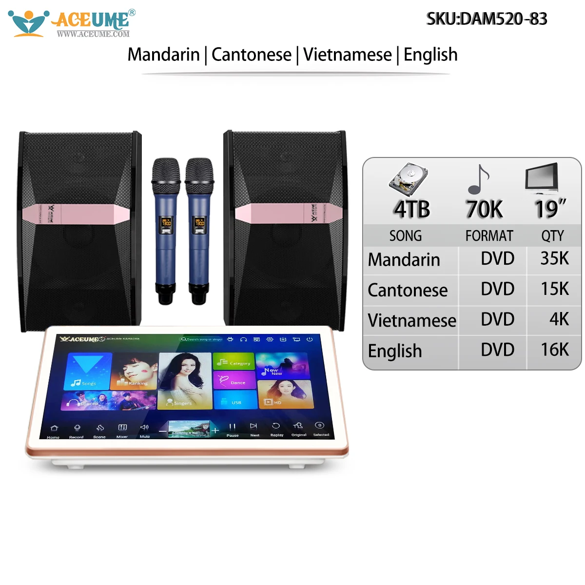4TB HDD 70K Chinese English Songs 19" Touch screen karaoke player Speaker Set