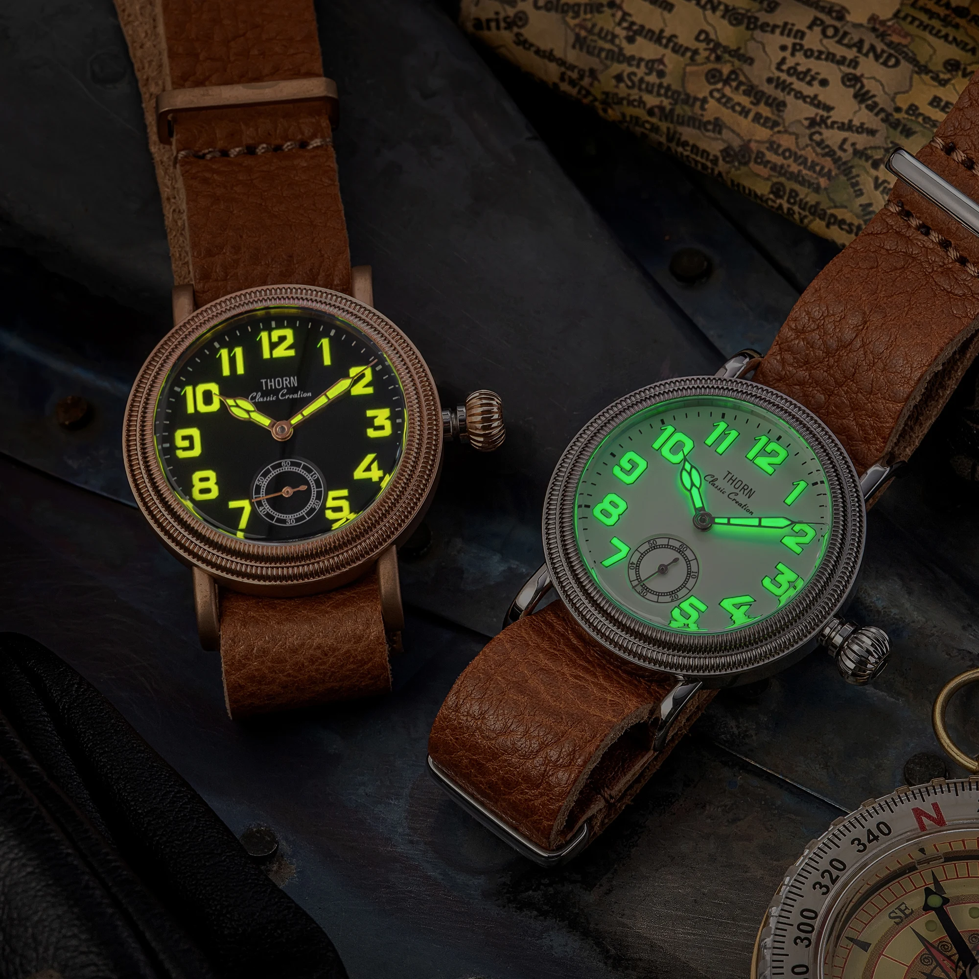 THORN 36mm Diameter Retro Pilot Watch Manual Winding Movement Luminous 5Bar Waterproof Leather Strap