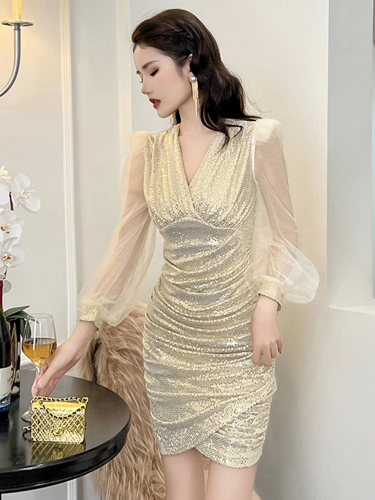 gold sequin sheer dress Sirena main image 0