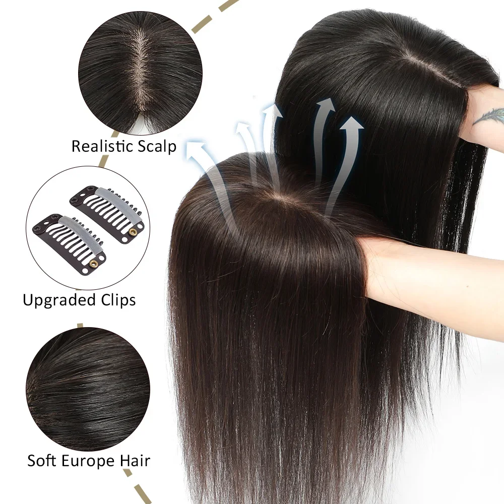 Toppers per capelli umani europei per donna Topper con base in seta naturale per cuoio capelluto Posticci per clip nelle estensioni # 1b # 2 # 4 Alta qualità - immagine 6