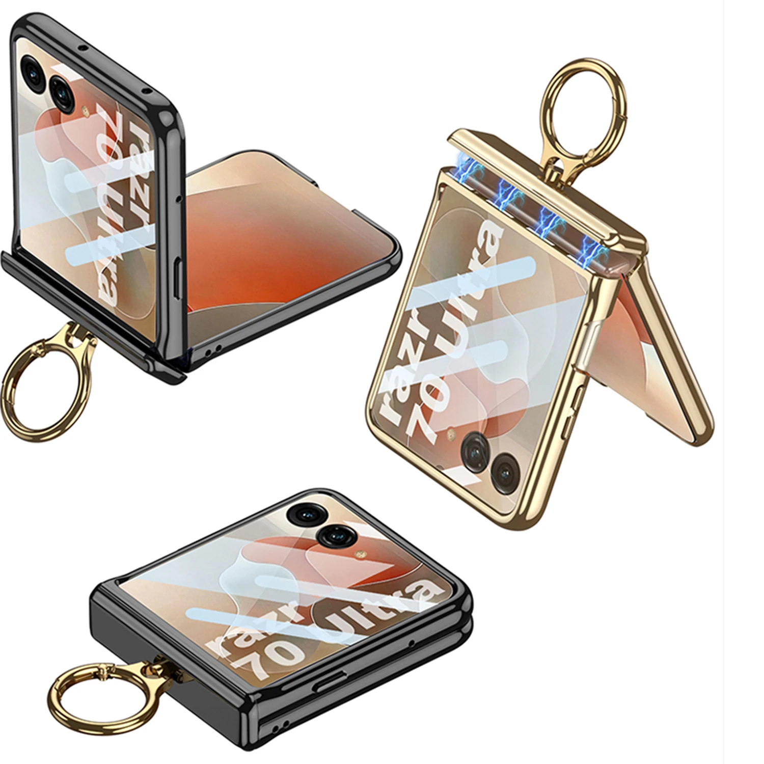 Electroplated Transparent Phone Case with Metal Ring Holder and Hinge Glass Protector