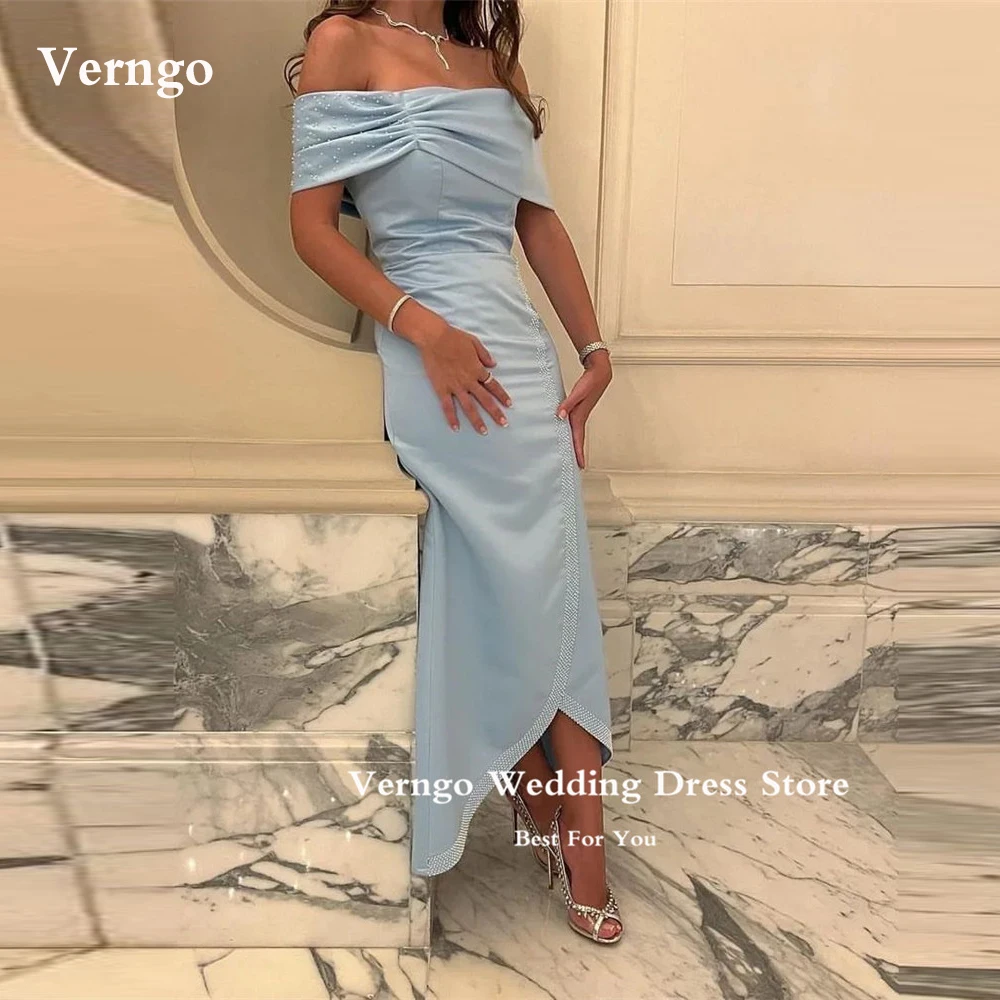 

Verngo Blue Arabic Women Formal Party Dresses Off the Shoulder Beads Prom Gowns Vintage Evening Dress Formal Occasion Event