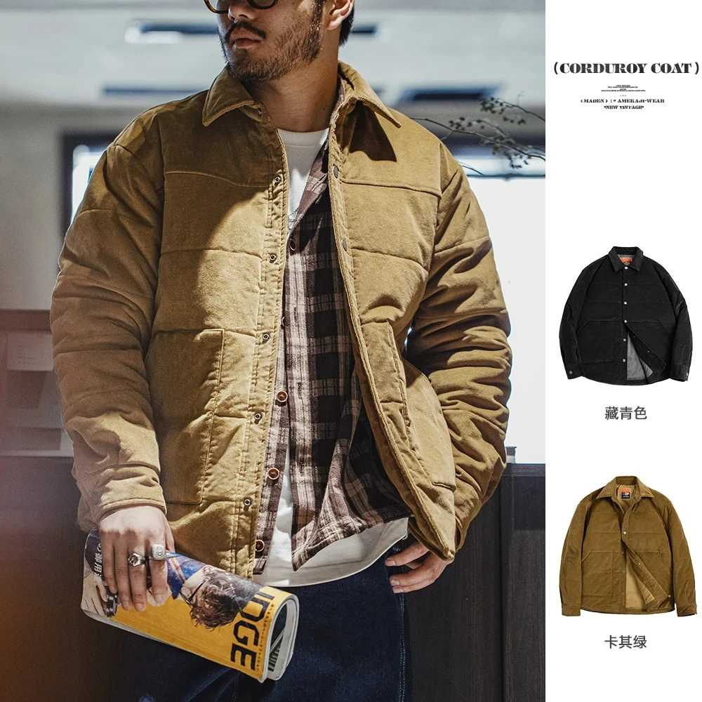 

Maden 2023 Winter Vintage Corduroy Padding Coats for Men Cotton Puffer Lapel Jacket Casual Warm Thickened Outwear Workwear