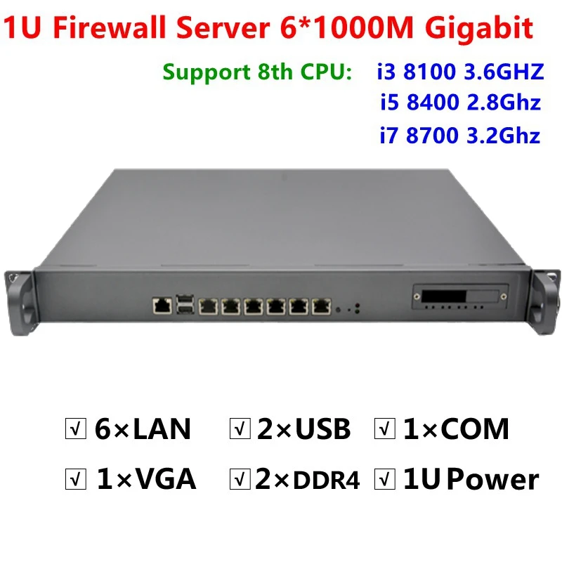 Vendite Calde 1U Firewall Router Server 6*1000M Intel I211 Lan Intel Core I7 8700 3.2Ghz Mikrotik Pfsense Ros