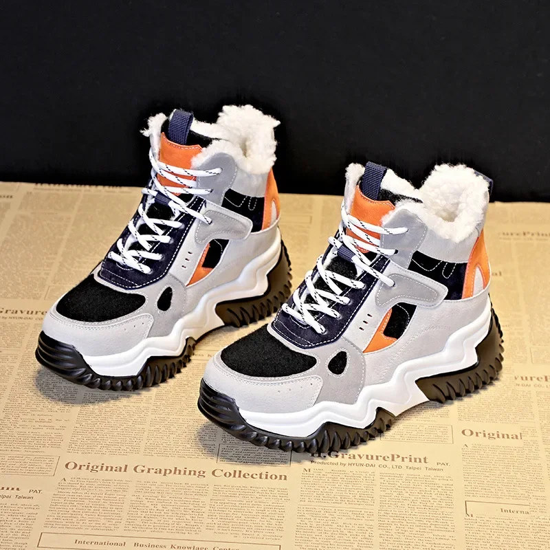 

7cm Microfiber Synthetic Platform Wedge Casual Women Shoes Chunky Sneakers Autumn Spring Winter Plush Warm Females Shoes