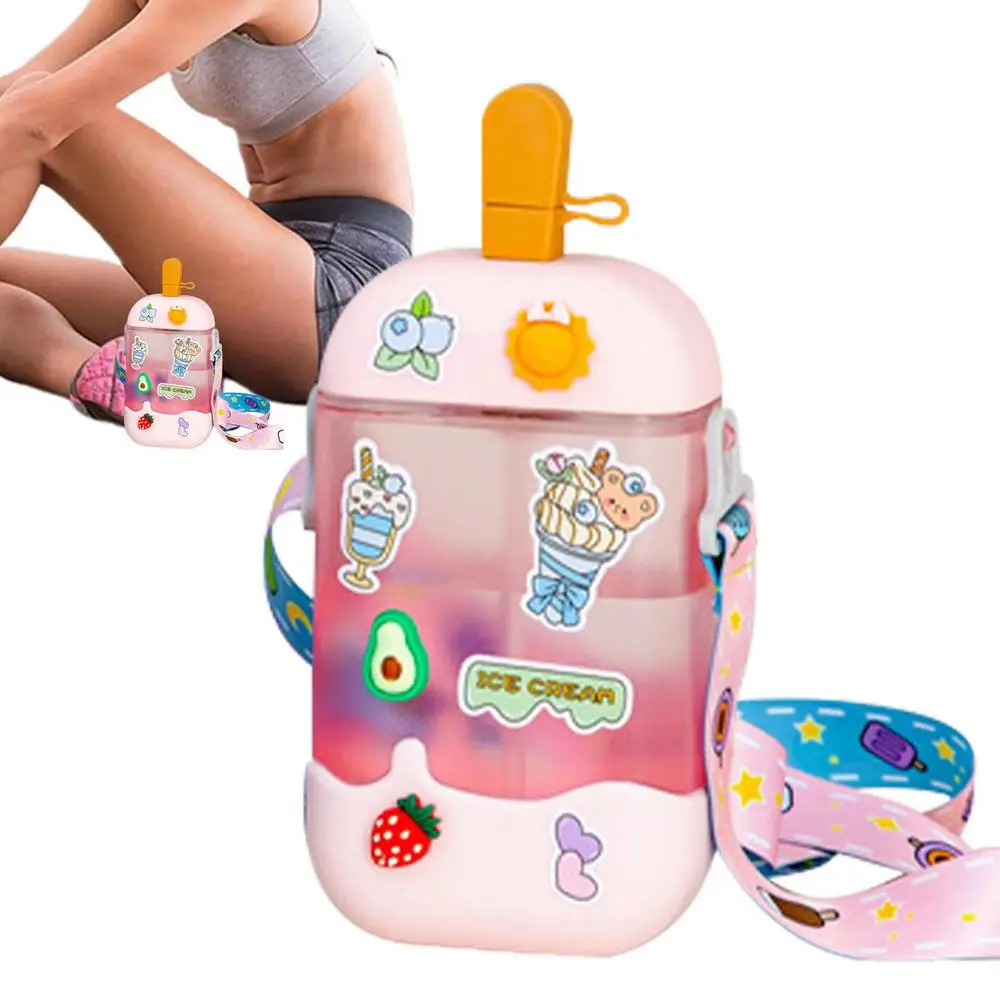 Girls Water Sippy Cup Ice Cream Stick Lady Water Bottles With Straw Leakproof Water Bottles Outdoor Women'S Sports Gym Bottle