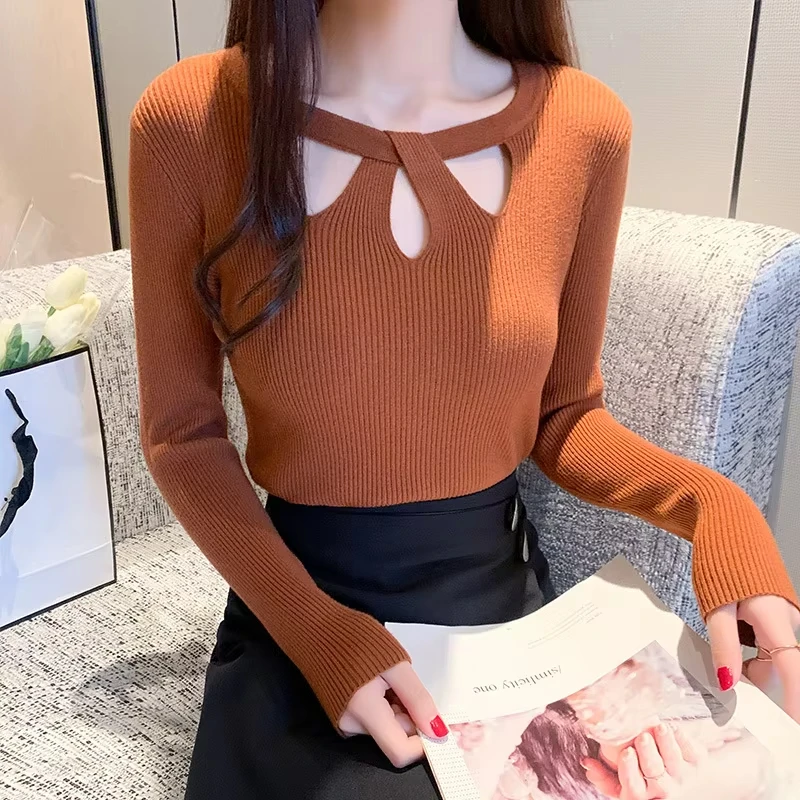 Autumn and Winter New Cross Hollow Round Neck Knitted Sweater Women's Long Sleeved Pullover Casual Slim Fit Bottom Top 16639