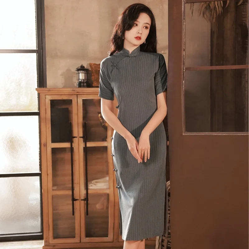 

Sheng Coco Lady Grey Striped Oriental Qipao Dresses China Style Cheongsam Spring 2023 New Improved Elegant Cotton Cheongsam